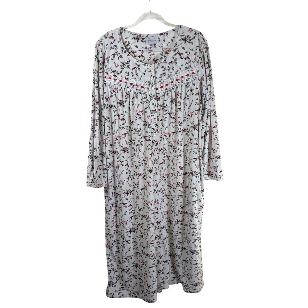 Lanz of Salzburg Velour Long Nightgown White with Cardinal and Berries 1X